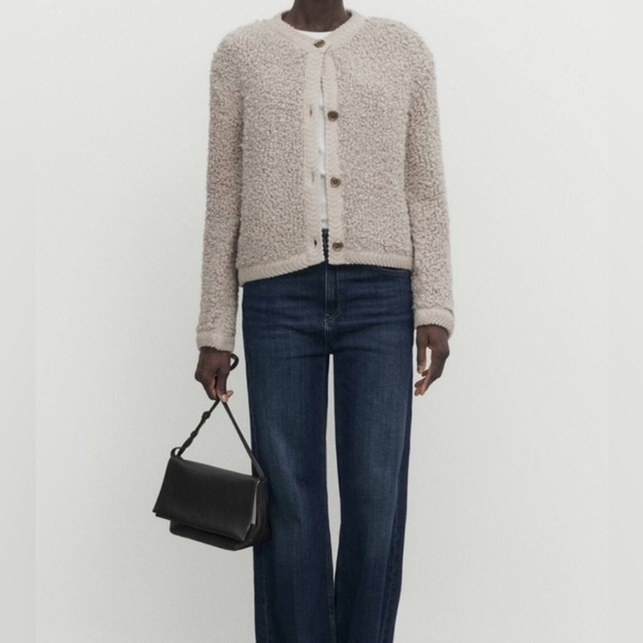 NWT MASSIMO DUTTI Boucle Knit Alpaca Wool Beige Cardigan with Buttons, Size S - Picture 1 of 15